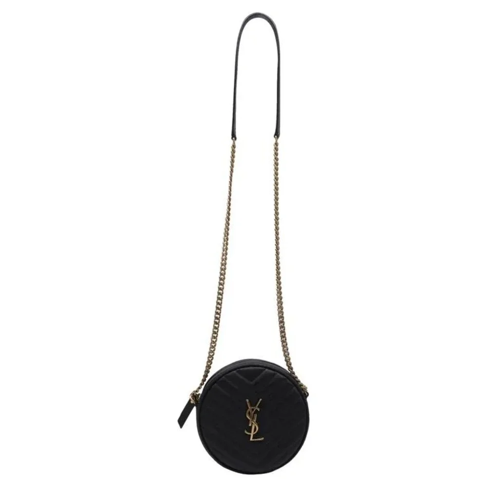 Saint Laurent Vinyle Round Camera Bag Black Chevron Quilted Leather YSL Gold